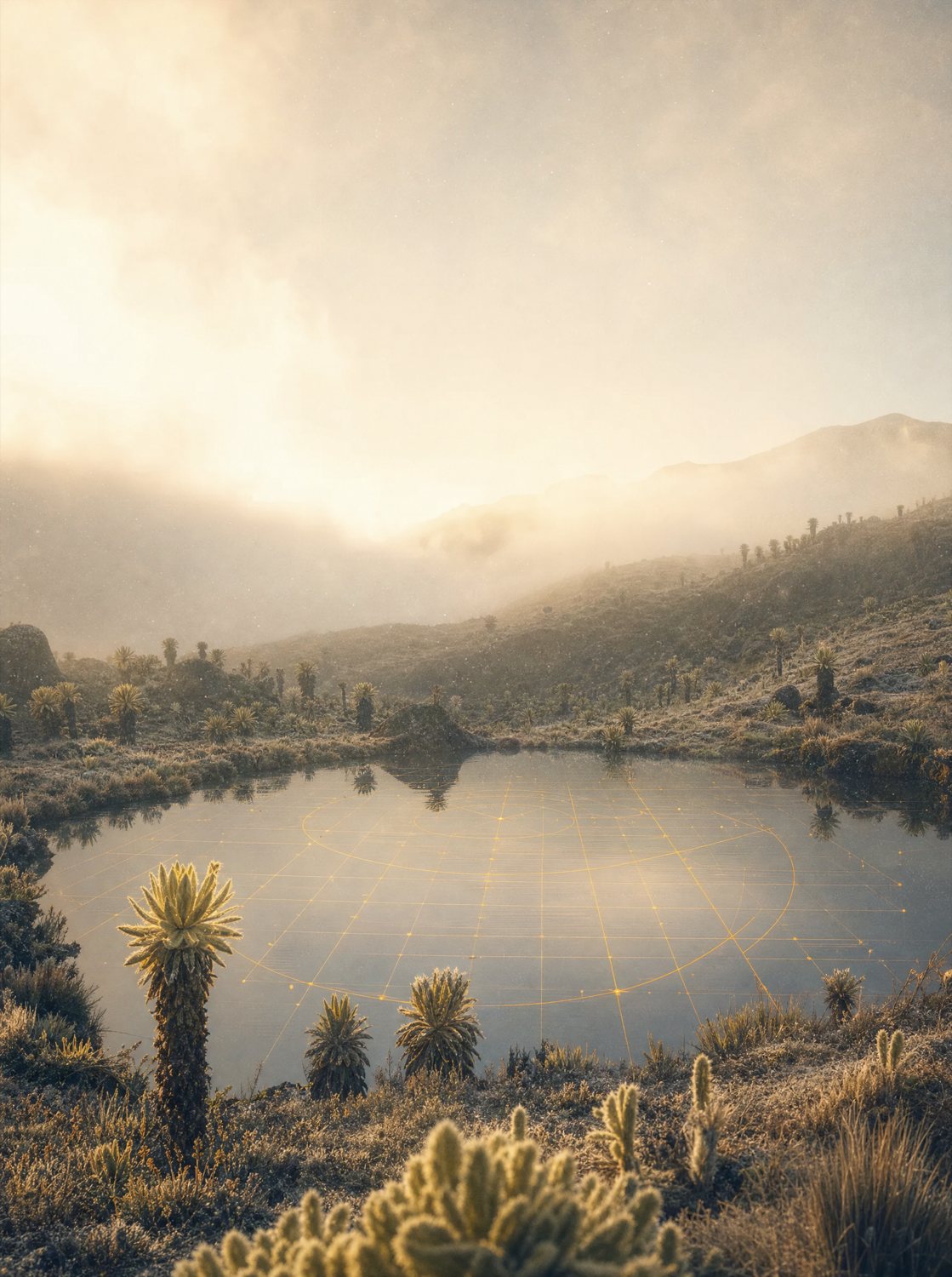 Frailejones y una laguna entre la niebla del páramo